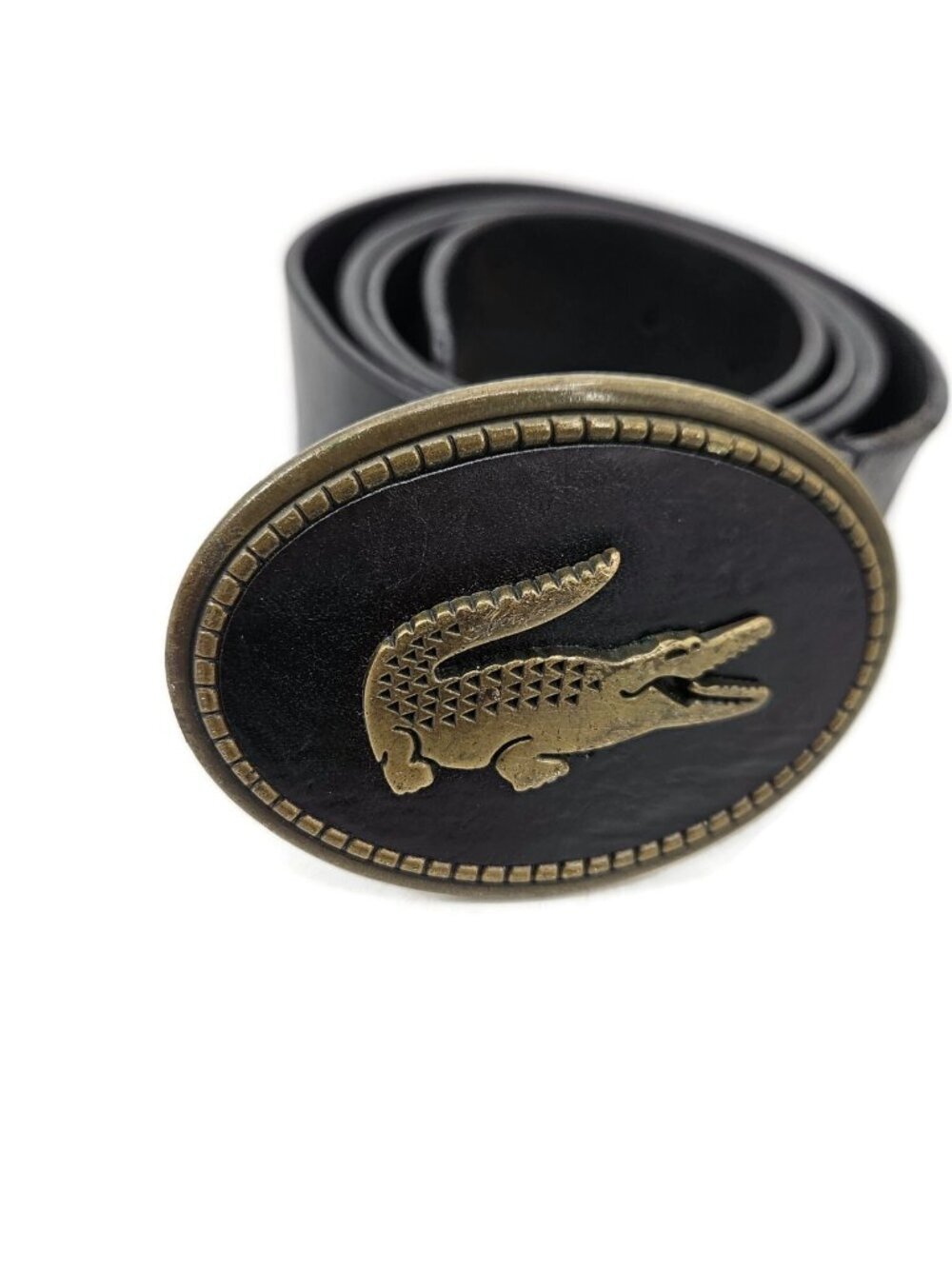 Lacoste Alligator Black Leather Belt Mens 44" Oval Buckle